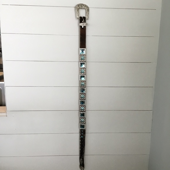 WB Atlas Belt Brown Pony Hair Teal Crystals Silver Tone Metal Size S main image 4